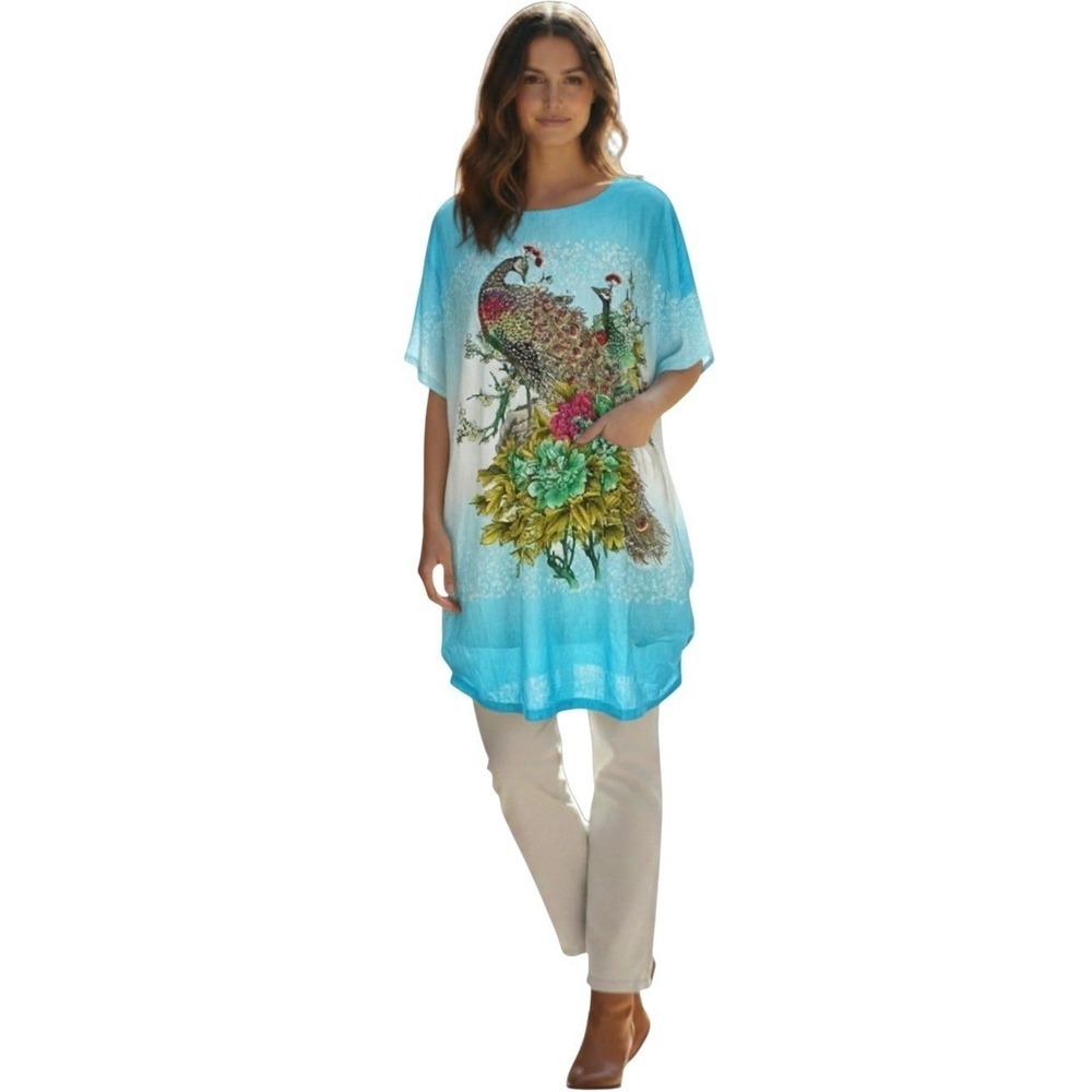I STYLE Tropical Turquoise Blue Peacock Floral Print Sht Sleeve‎ Tunic Top L